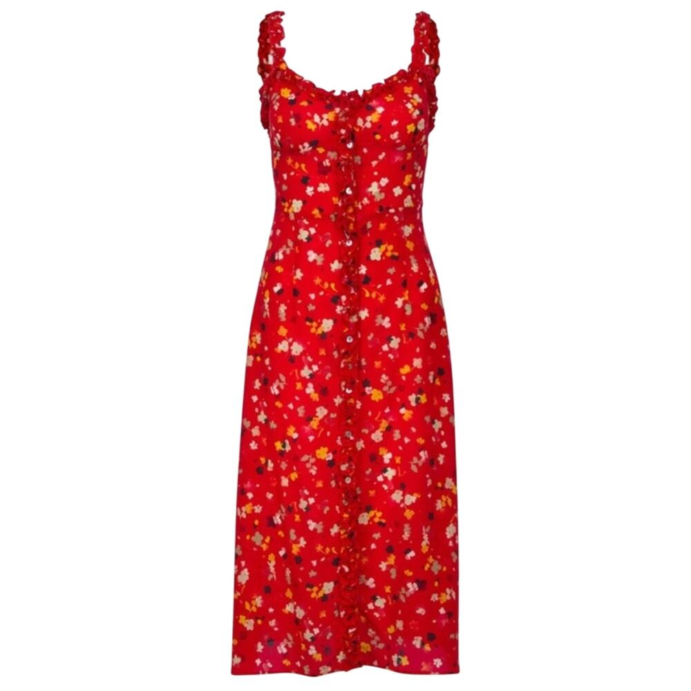 Realisation Par Juliet Silk Ruffle Button Midi Dress Rouge Fleur Red Floral